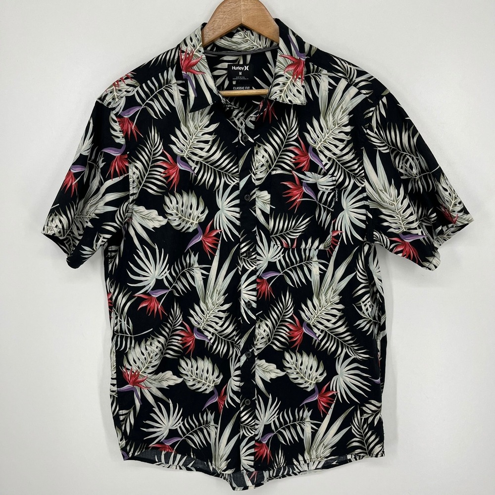 Hurley Mens Medium Black Tropical Floral Bird of Paradise Button Down Shirt M